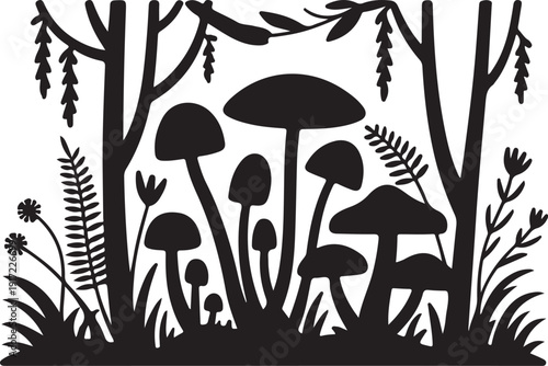 Black and white forest scene with mushrooms and ferns