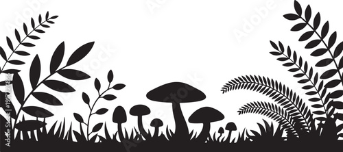 Black and white forest scene with mushrooms and ferns