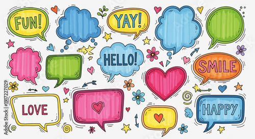 Colorful speech bubbles with positive emotions and expressions.