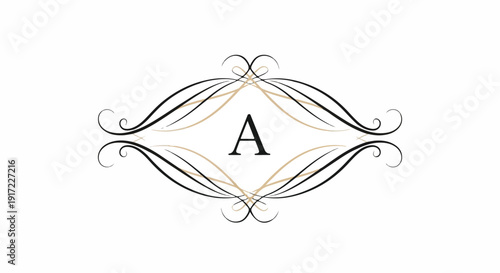 Ornate design featuring a large capital letter A with swirling black and gold lines on a white background in a classic elegant style.