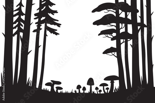 Black and white forest scene with tall trees and mushrooms