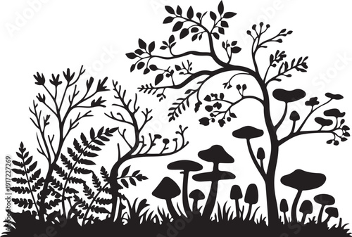 Black and white forest scene with trees and mushrooms