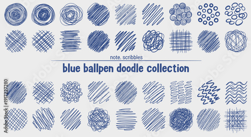 Collection of blue ballpen doodles and scribbles in various patterns.