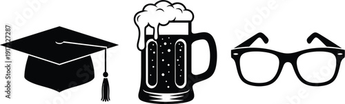 Graduation cap, foamy beer mug, and thick-rimmed glasses align to represent college life themes.