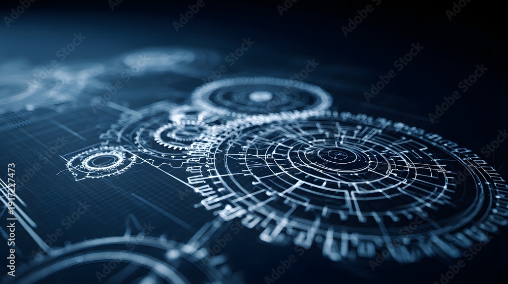 Fototapeta premium Intricate Digital Blueprint of Futuristic Gears and Circuits on Dark Background.