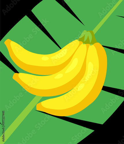 Vector Illustration of Banana Fruit on Banana Leaf, vector banana fruit and banana leaf in black background