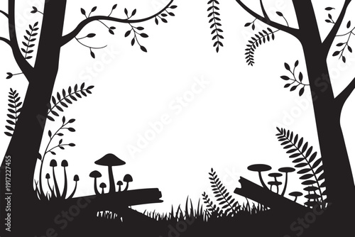 Black and white forest scene with trees and mushrooms