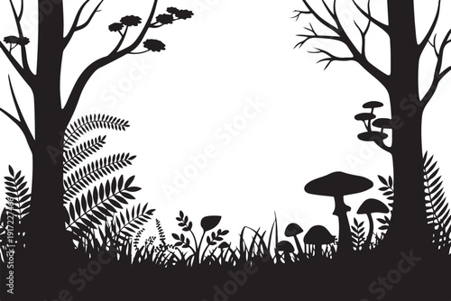 Black and white forest scene with trees and mushrooms