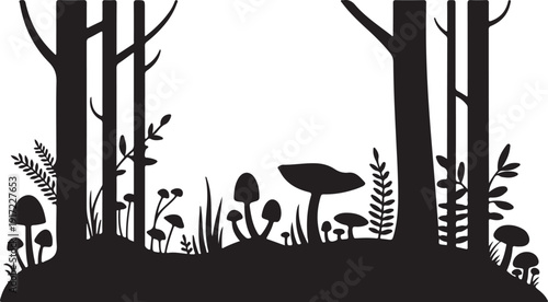 Black and white forest scene with trees and mushrooms