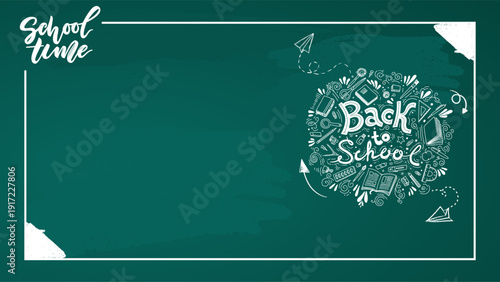 Back to School Chalkboard doodles Illustration. Back to School background with green chalk board and school supplies.