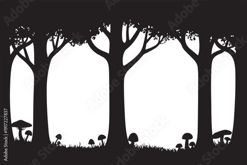 Black and white forest scene with trees and mushrooms
