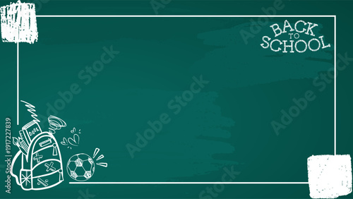 Back to School Chalkboard doodles Illustration. Back to School background with green chalk board and school supplies.