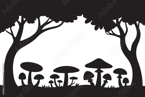 Black and white forest scene with trees and mushrooms