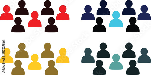 Assortment of small crowd icons uses different color palettes including red, blue, yellow, and dark tones to represent various.