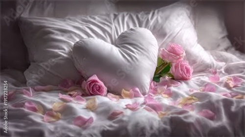 Wallpaper Mural A plush heart-shaped pillow rests among pink roses and scattered petals on a silky bed, creating a dreamy romantic setting perfect for love, wedding, or valentine themes. Torontodigital.ca