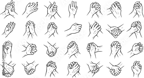 Detailed vector line art illustration set of various human hand gestures, showing multiple ways of clasped, interlocked, and holding hands, perfect for concepts like connection, support, unity