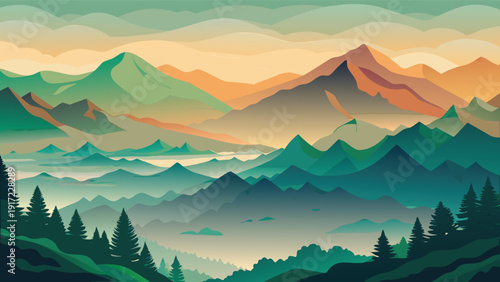 Vector mountain landscape illustration with trees