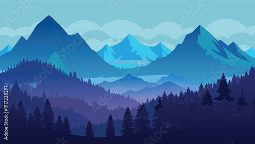 Mountain landscape vector illustration with forest and blue hues