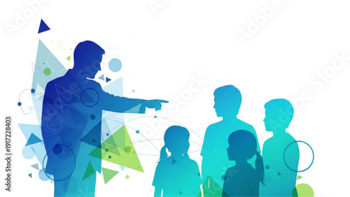 Abstract geometric illustration A leader points, guiding a diverse group towards shared goals and future development