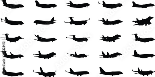 Set of airplane silhouettes featuring commercial passenger jets fighter planes and private aircraft for aviation travel military defense and transport design projects