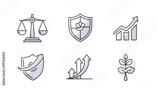 Set of icons representing finance, growth, business, and legal concepts