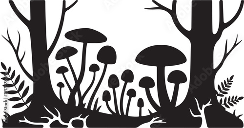 Black and white forest with mushrooms and trees