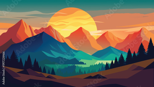 Sunset mountain landscape vector illustration
