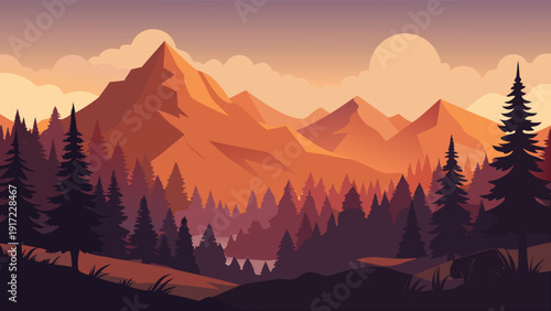 Mountain landscape vector illustration with pine trees and sunset