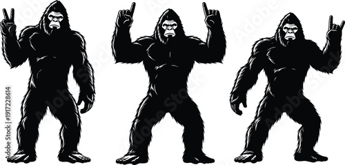 Bigfoot Silhouette Vector Set Collection of Sasquatch Characters Showing Peace Sign and Rock On Hand Gestures for Funny Adventure Designs