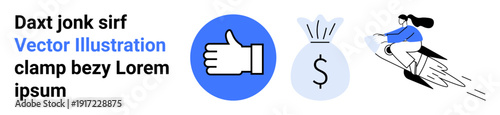 Success, finance, entrepreneurship, approval, growth, innovation. Thumbs-up icon, money bag with dollar sign woman riding a rocket. Success and finance conceptual design for business and growth