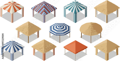 beach huts and umbrellas