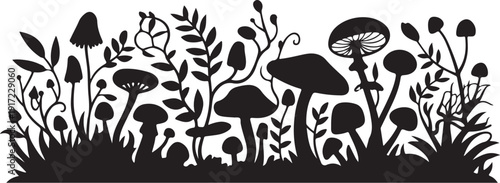 Black and white mushroom and plant forest mushrooms