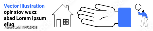 Hand reaching towards a house with windows while a figure holding a balloon stands apart. Ideal for themes thumbs up home, security, property, care, gestures, individuality, simple landing page