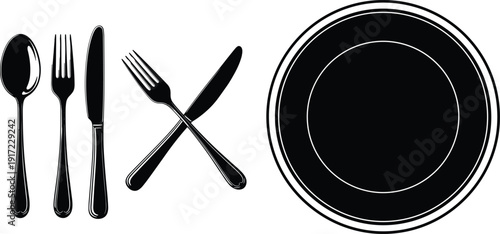 Black and white restaurant dining icon set featuring plate, spoon, fork, and knife silhouettes for cafe menu and catering design