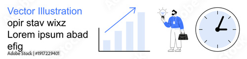 Business strategy, productivity, innovation, career development, time efficiency, entrepreneurial planning. Bar chart with upward arrow, person holding bulb clock. Business growth and productivity