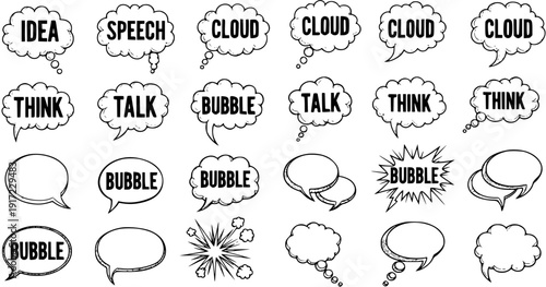 Hand-drawn collection of comic speech bubbles, thought clouds, and talk balloons with text like IDEA, SPEECH, THINK, TALK, BUBBLE, and empty styles, perfect for communication design.