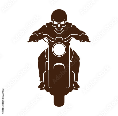 Brown silhouette of a skull with a motorcycle rider speeding fast on a bike