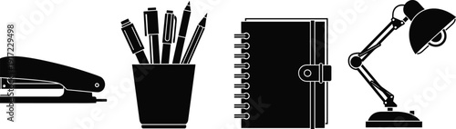 Black and white office stationery vector silhouette set featuring stapler pen holder with pencils spiral notebook and adjustable desk lamp.