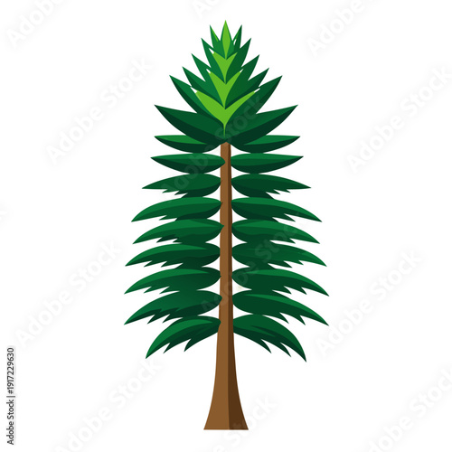 a conifer tree (pine or fir) featuring layered horizontal branches in varying shades of green from light to dark, with a brown trunk, creating a symmetrical triangular silhouette, rendered in a flat.