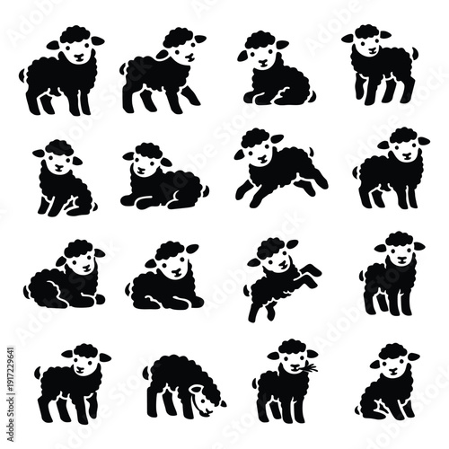 Set of Cute Black Sheep Silhouettes and Lamb Poses Vector