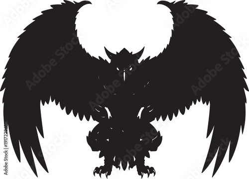 Gothic Owl Silhouette Vector Icon with Spread Wings for Logo and Tattoo Design