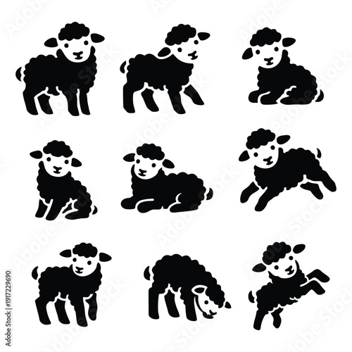 Set of Cute Black Sheep Silhouettes and Lamb Poses Vector
