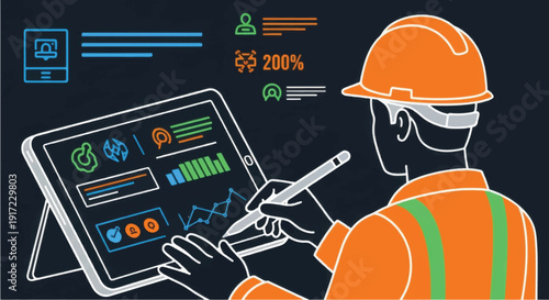 Engineer Analyzing Data on Digital Tablet.