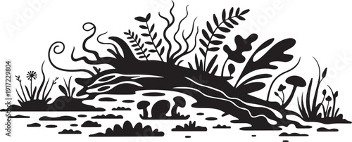 Black and white of a fallen tree in a forest with plants and mushrooms