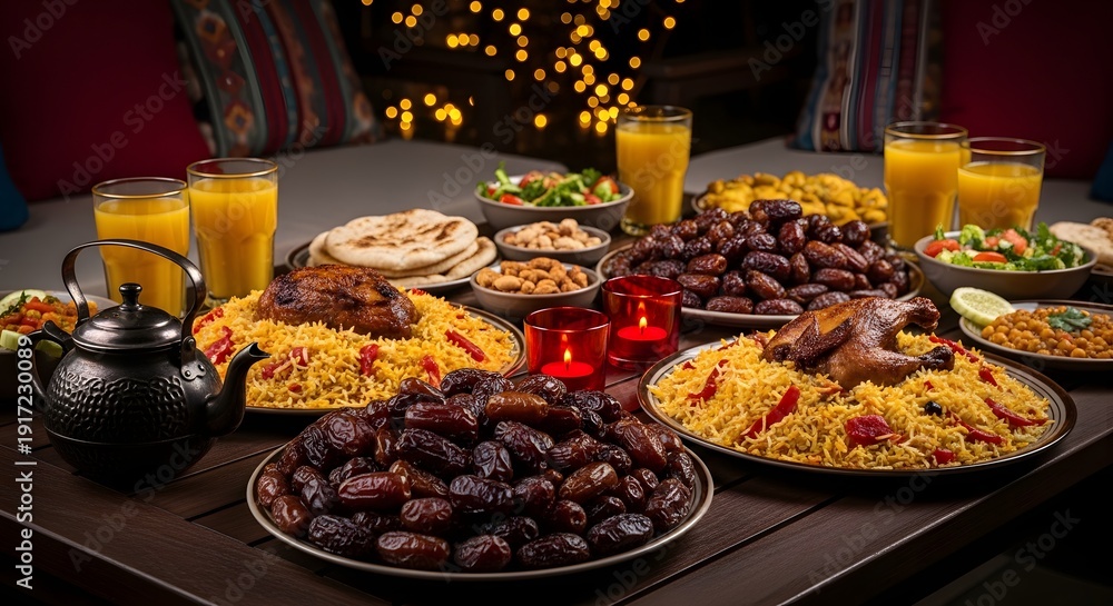 Obraz premium A delicious spread of middle eastern cuisine on a table with dates, rice, and orange juice