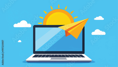 Laptop with Paper Plane Emerging from Screen.