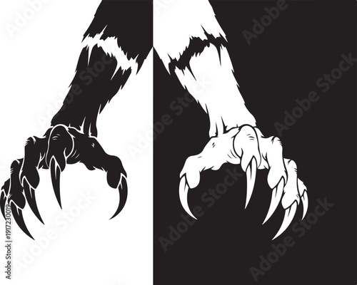 Werewolf Monster Claws Vector Illustration in Gothic Black and White Style
