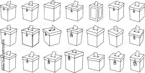 Collection of Various Ballot Boxes with Ballots, Hand-Drawn Vector Illustration