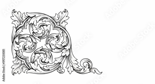 Black and white illustration of an ornate floral design element with swirling patterns and leaves on a white background.