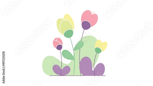 Delicate pastel blooming flowers with green foliage, delicate floral illustration